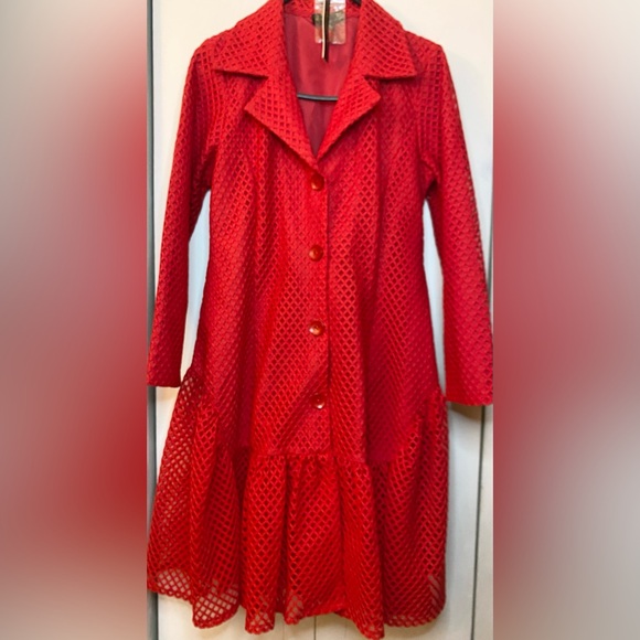 Jerry T Red Mesh Button-Up Dress Ptp 19” - Picture 3 of 7